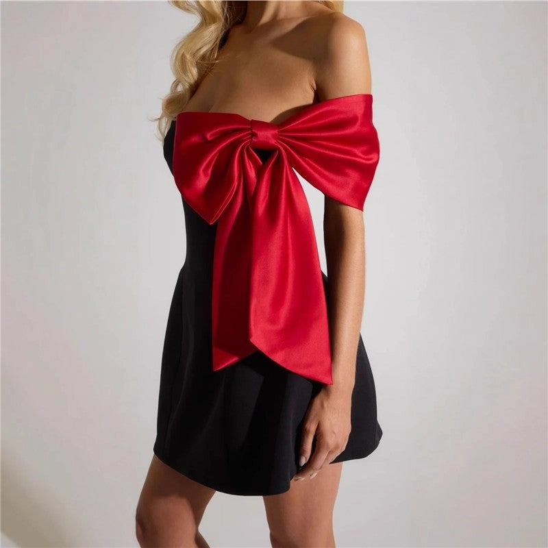 Red Bow Boat Shoulder Dress