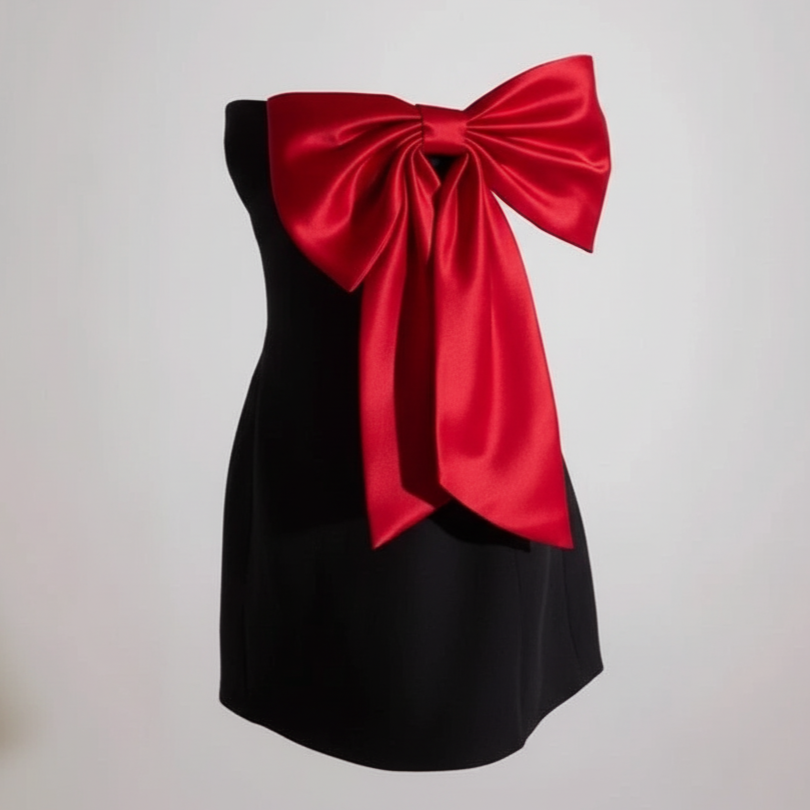 Black dress with a large red bow on a plain background