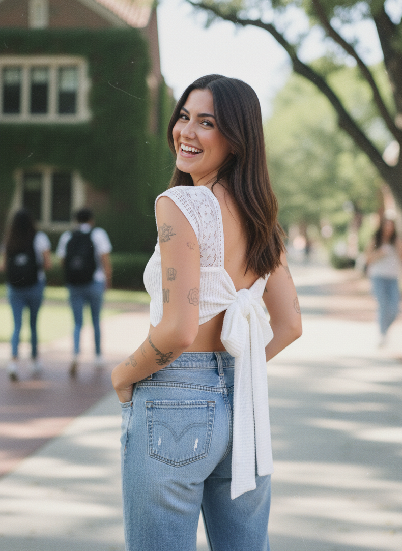 Woman wearing a white lace top and blue jeans on a college campus.