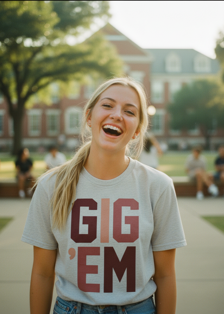 Person wearing a 'GIG'EM' t-shirt in an outdoor setting with a building and trees in the background.