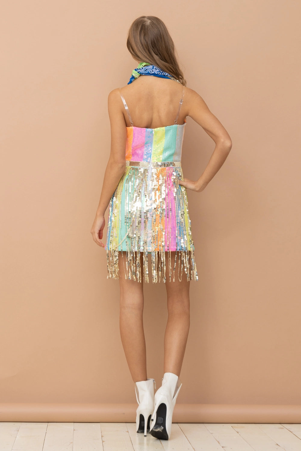 Sequin Faux Belt Sequin Fringe Strap Mini Dress