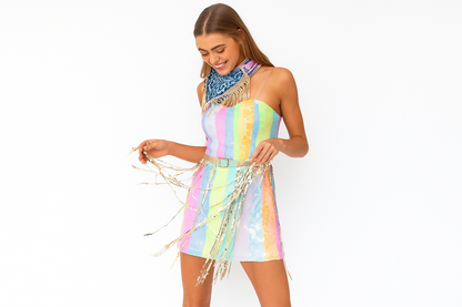 Sequin Faux Belt Sequin Fringe Strap Mini Dress