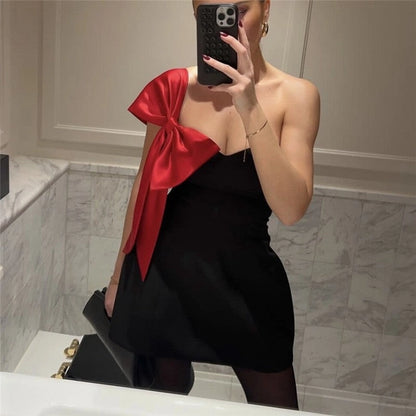 Red Bow Boat Shoulder Dress